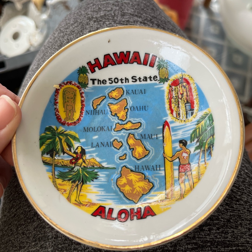 Hawaii Souvenir Plate and small cup with Map and Aloha Design